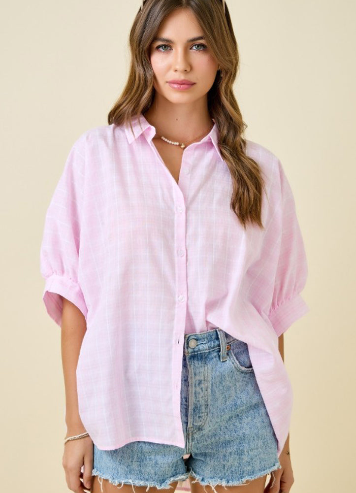 Button Down Textured Check Oversized Top in Pink by day + moon