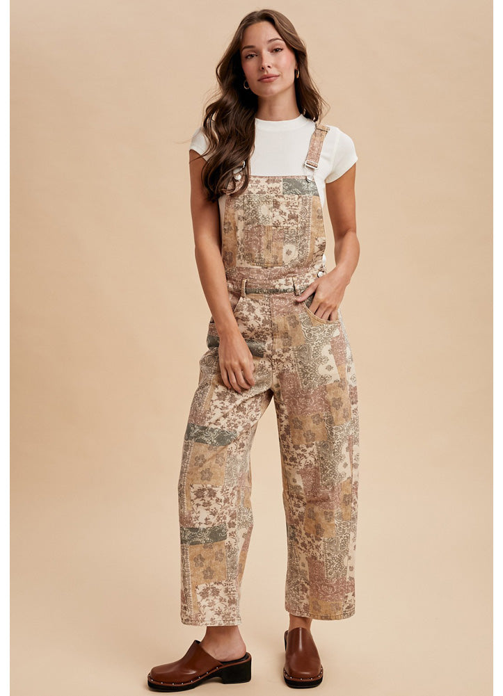 Vintage Boho Twill Denim Overall Jumpsuit in Taupe Multi by Anniwear