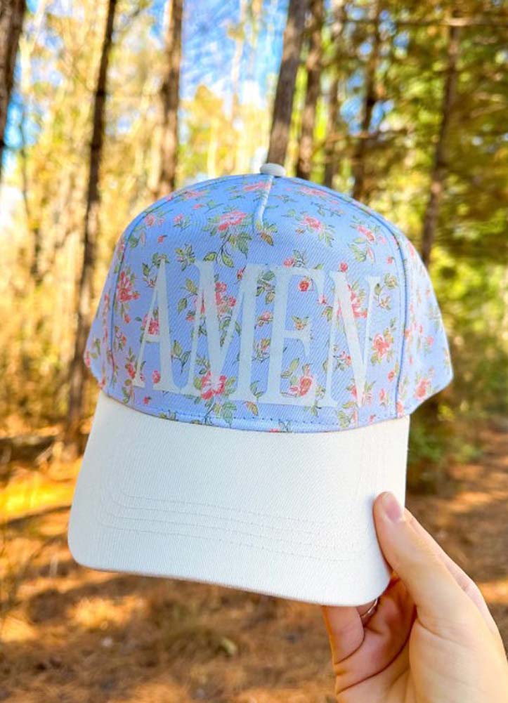 Amen Floral Coral/Light Blue Trucker Hat by Southern Bliss
