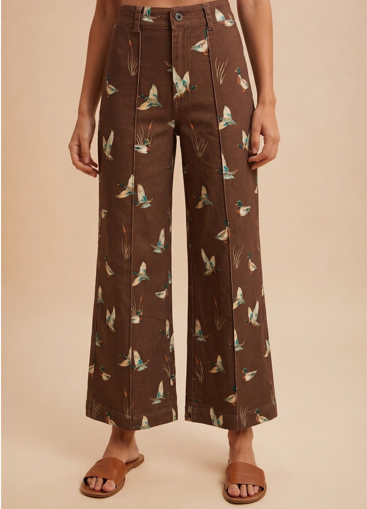 Mallard Print Denim Wide Leg Jeans in Mocha by Anniewear