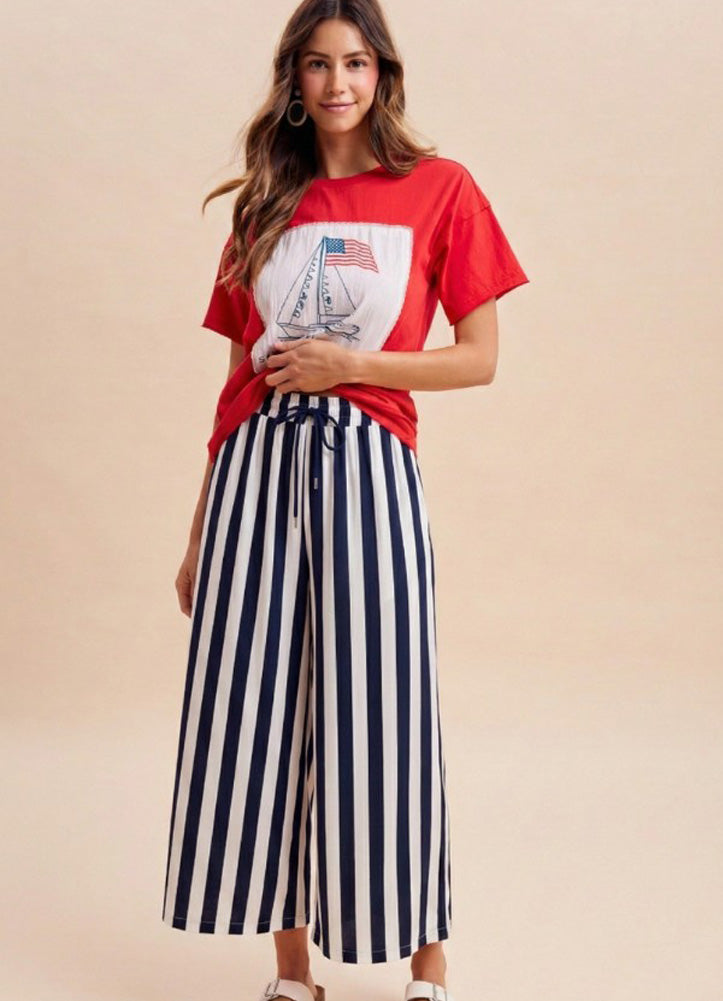 Vertical Striped Wide Leg Pants in Navy by Anniewear