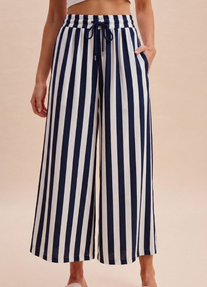 Vertical Striped Wide Leg Pants in Navy by Anniewear