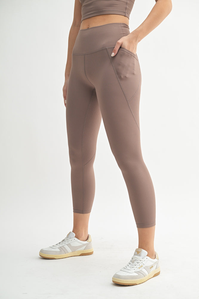 Soft Ribbed 7/8 HW Leggings in Deep Taupe by Mono b