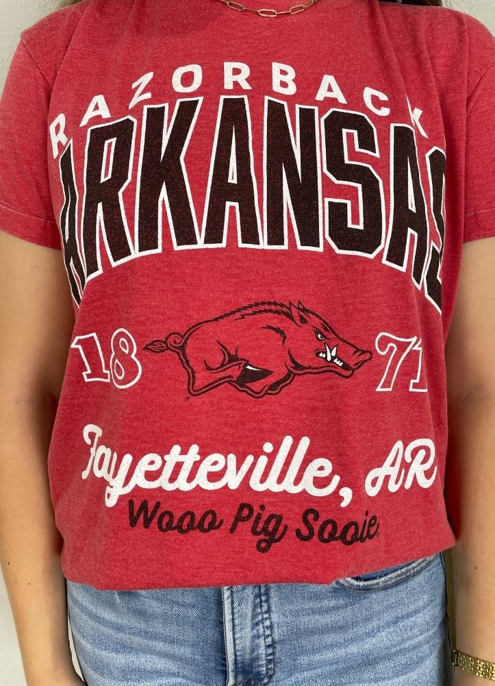 Arkansas Corvallis SS Vintage Boyfriend Top in Crimson by Pressbox