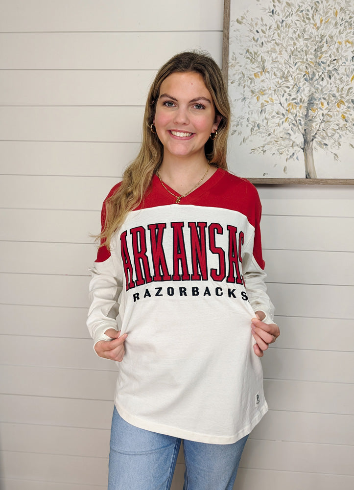 Arkansas Southlawn Daphne LS V Neck Oversized Heavy Jersey Top by Pressbox
