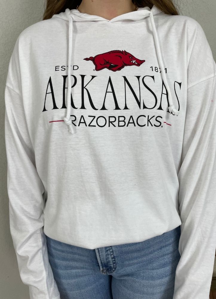 Arkansas Silverton LS Hooded Jersey Top in White by Pressbox