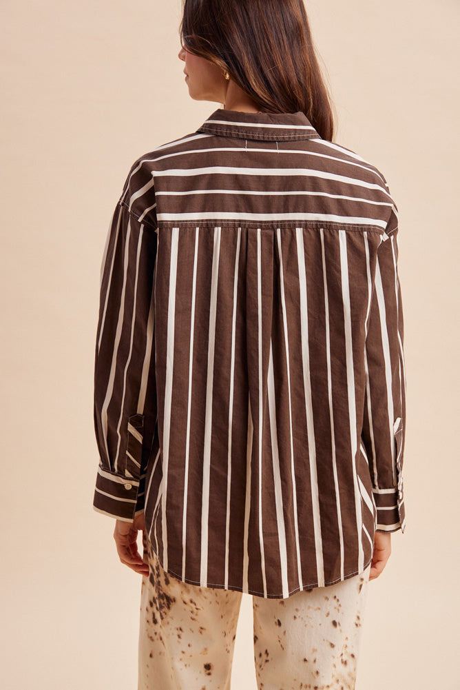 Stripe Poplin Oversize Button Down Shirt Chocolate by Anniewear