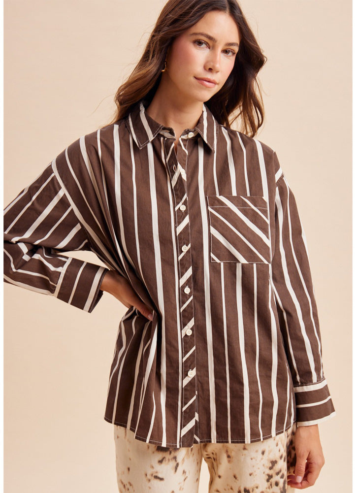 Stripe Poplin Oversize Button Down Shirt Chocolate by Anniewear