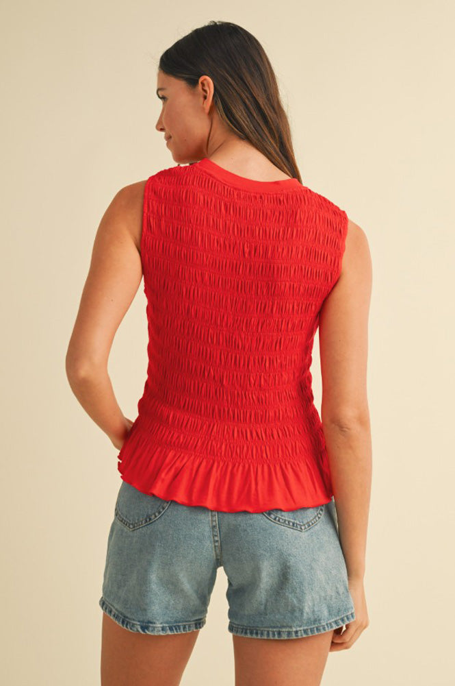 Smocked Ruffle Hem Tank Top in Red by Anniewear