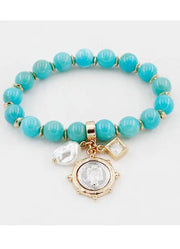 Turquoise Natural Stone Stretch Bracelet with Gold/Silver Coin by Whats Hot