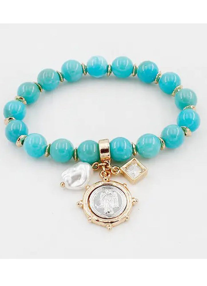 Turquoise Natural Stone Stretch Bracelet with Gold/Silver Coin by Whats Hot