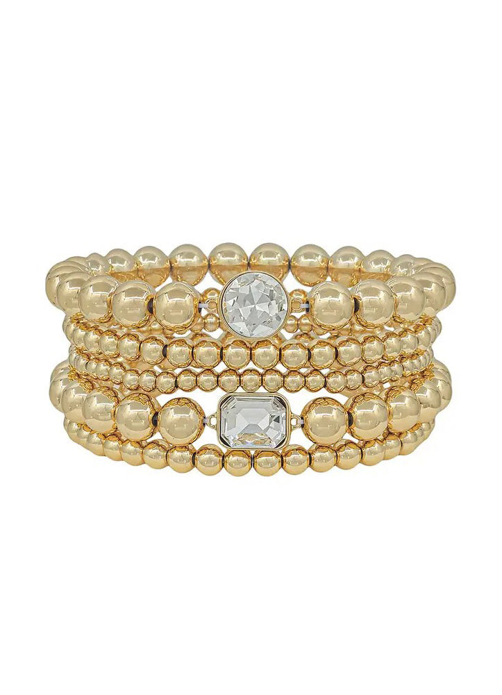 Set of 6 Gold Beaded Stretch Bracelets with Rhinestone Accents by Whats Hot