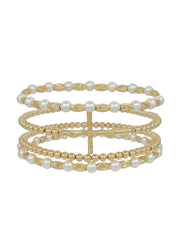 Set of 4 Gold & Pearl Beaded Thin Cross Stretch Bracelets by Whats Hot