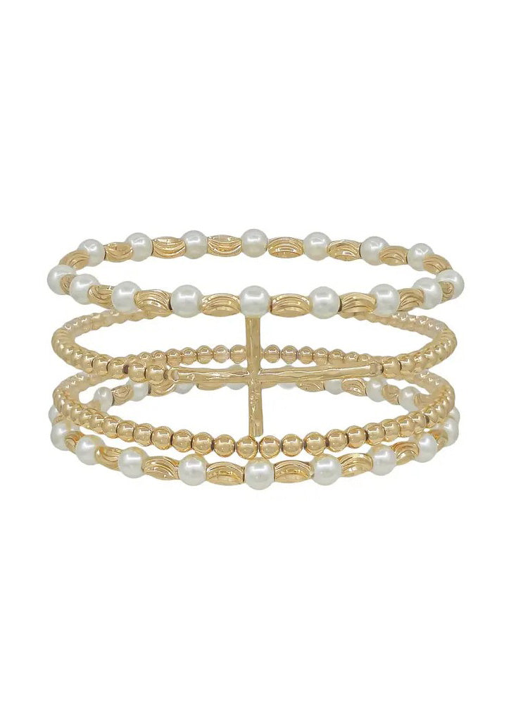 Set of 4 Gold & Pearl Beaded Thin Cross Stretch Bracelets by Whats Hot