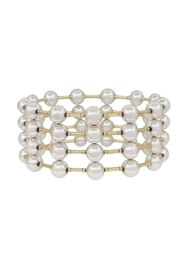 Set of 8 Silver Beaded and Gold Bar Stretch Bracelets by Whats Hot