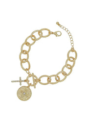 Chunky Gold Chain Necklace with Rhinestone & Coin Cross by Whats Hot