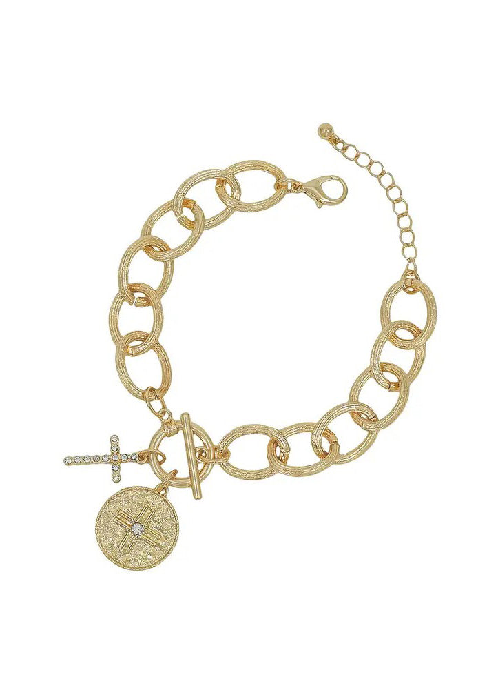 Chunky Gold Chain Necklace with Rhinestone & Coin Cross by Whats Hot