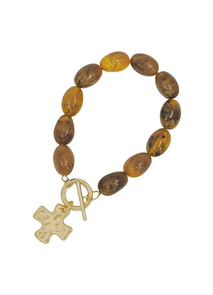 Tortoise Oval Beaded Stretch Bracelet with Hammered Gold Cross by Whats Hot