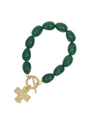 Emerald Oval Beaded Stretch Bracelet with Hammered Gold Cross by Whats Hot