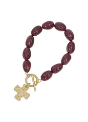 Maroon Oval Beaded Stretch Bracelet with Hammered Gold Cross by Whats Hot