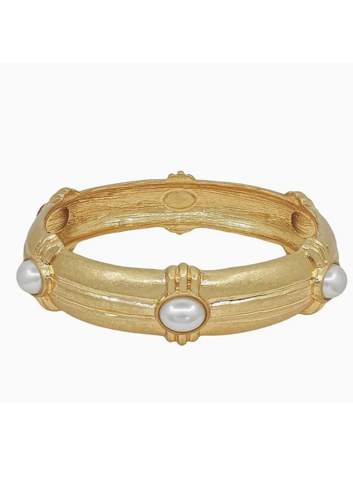 Gold Hammered Wide Bangle with Pearl Accents by Whats Hot
