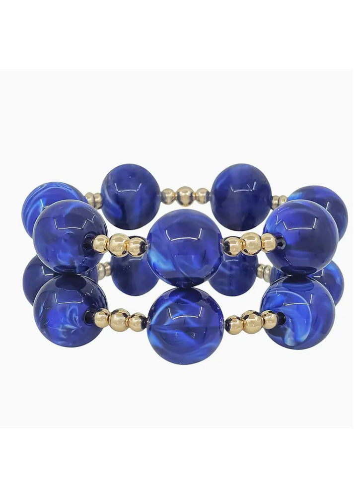 Set of 2 Gold Beaded Royal Blue Stretch Bracelets by Whats Hot