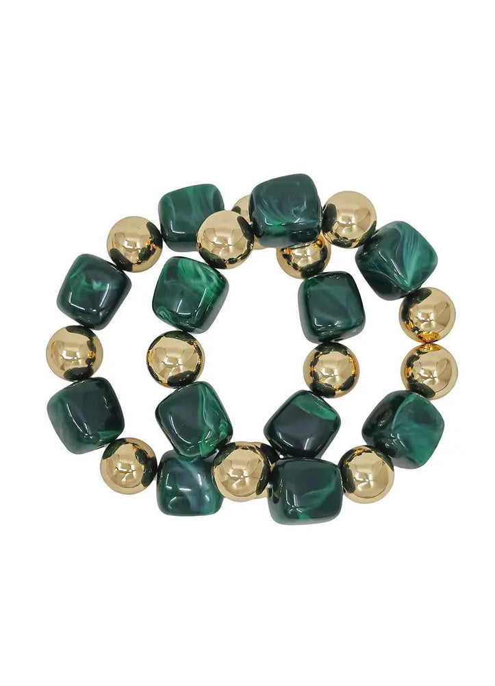 Set of 2 Gold & Emerald Stretch Bracelets by Whats Hot