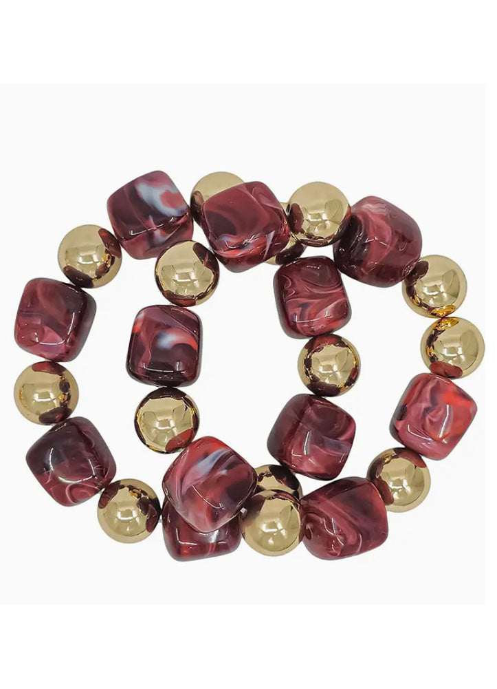 Set of 2 Gold & Maroon Stretch Bracelets by Whats Hot