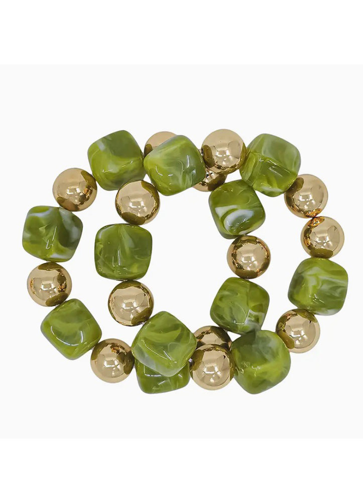 Set of 2 Gold & Olive Stretch Bracelets by Whats Hot