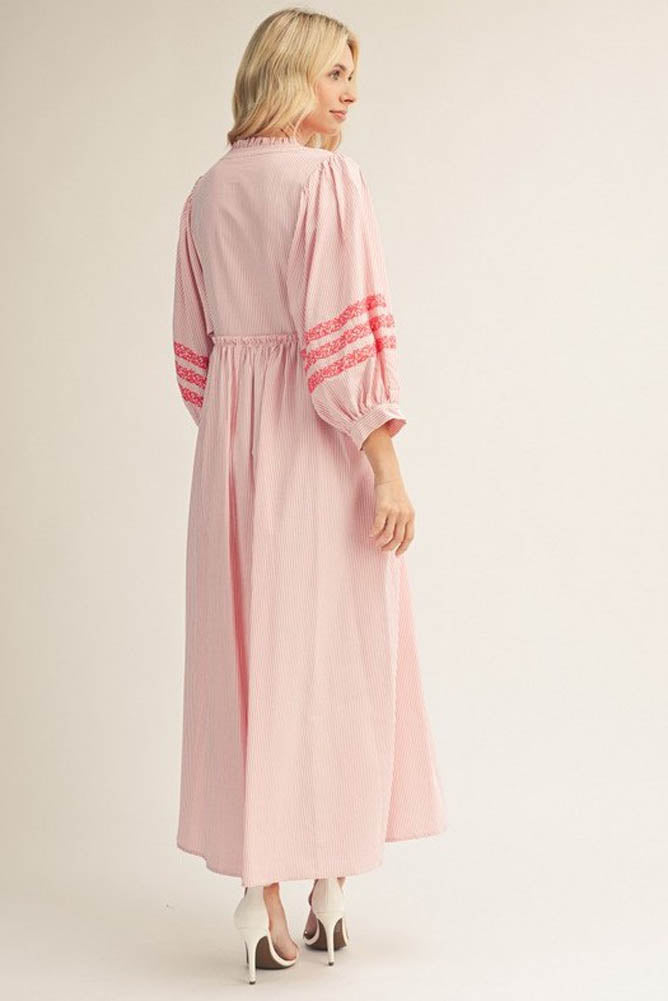 3/4 Puff Sleeve Stripe Midi Dress with Embroidery in Hot Pink by Jodifl