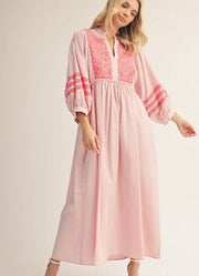 3/4 Puff Sleeve Stripe Midi Dress with Embroidery in Hot Pink by Jodifl