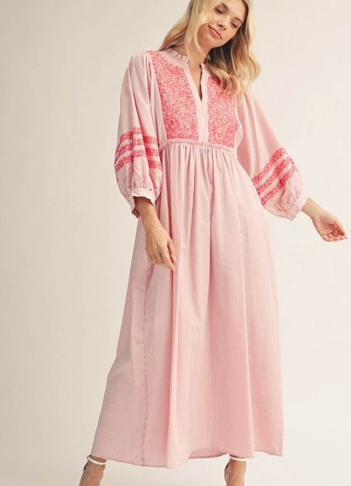 3/4 Puff Sleeve Stripe Midi Dress with Embroidery in Hot Pink by Jodifl