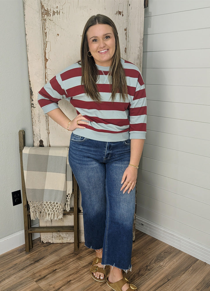 Drop Shoulder 3/4 Sleeve Striped Top in Burgundy by Jodifl