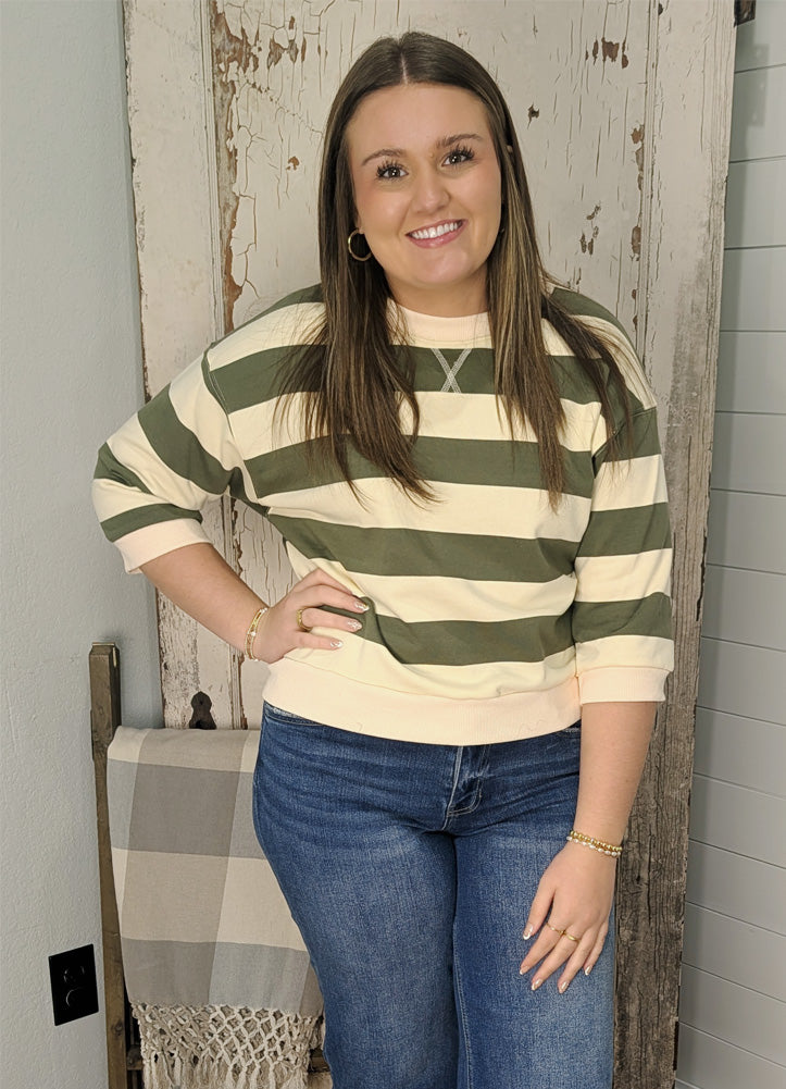 Drop Shoulder 3/4 Sleeve Striped Top in Olive by Jodifl
