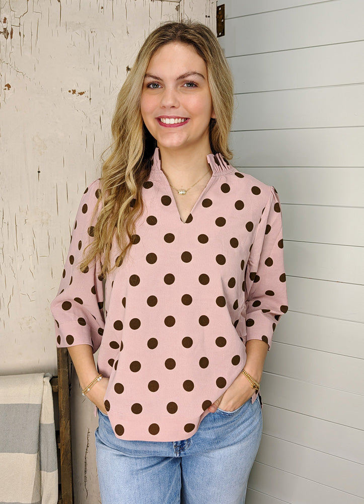 3/4 Sleeve Polka Dot Blouse in Pink by Jodifl