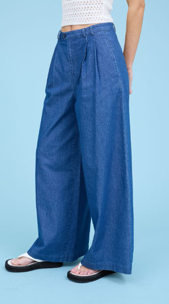 Pleated Wide Leg Chambray Pants by Blu Pepper
