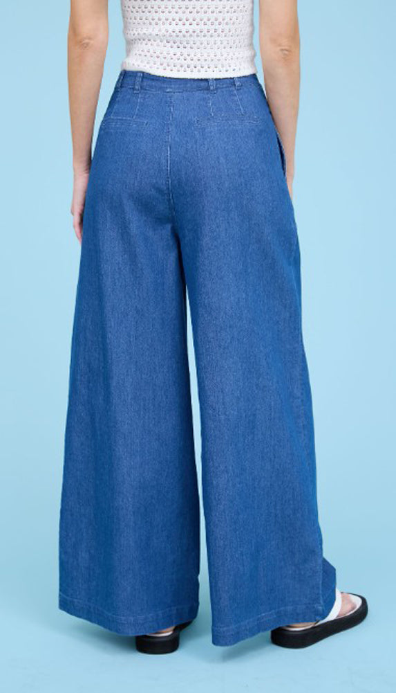Pleated Wide Leg Chambray Pants by Blu Pepper