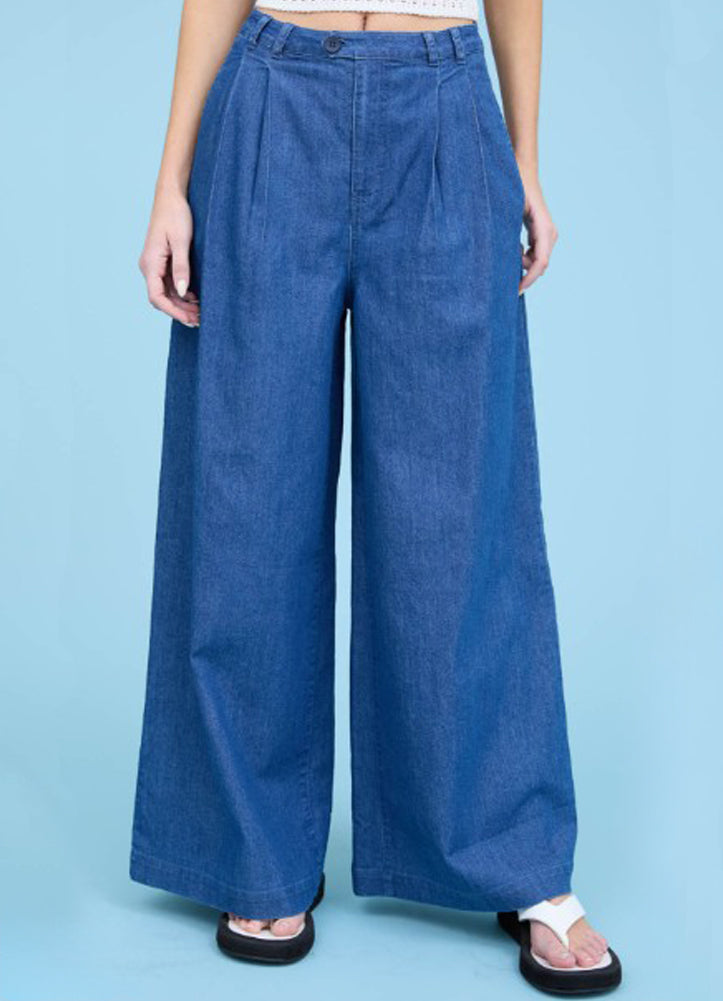Pleated Wide Leg Chambray Pants by Blu Pepper