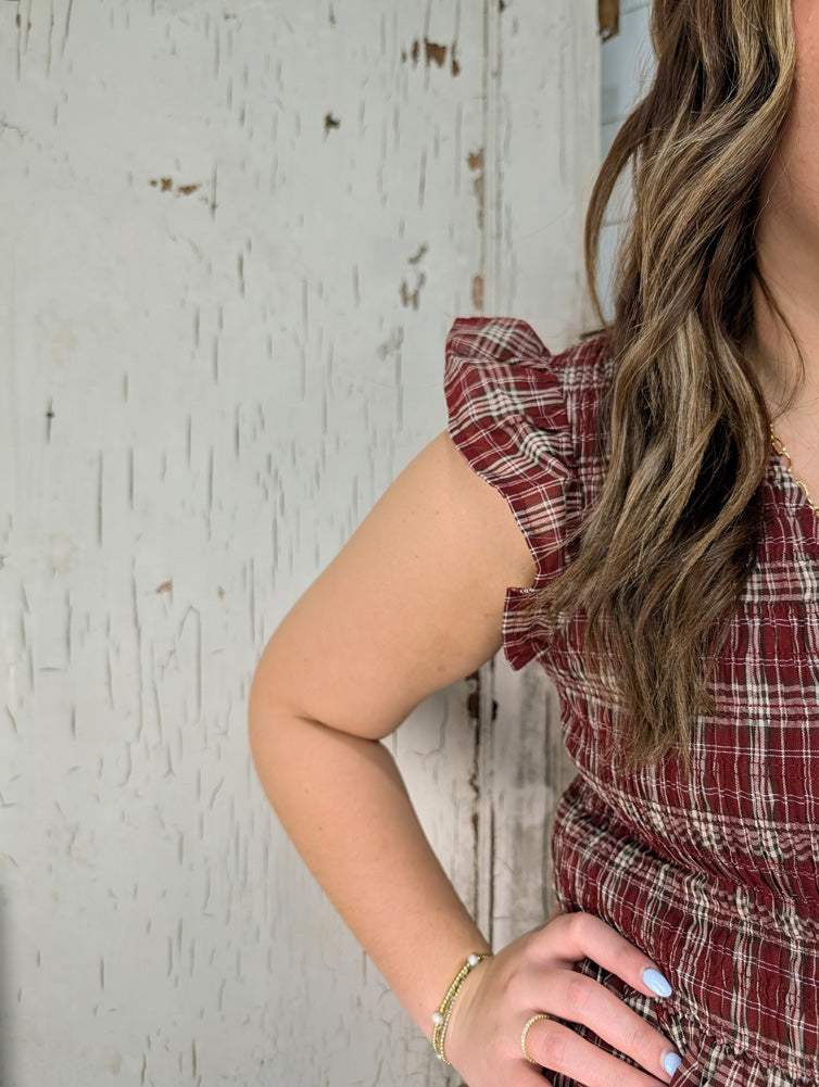 Plaid Smocked V Neck Button Down Ruffled Midi Dress in Burgundy by Blu Pepper