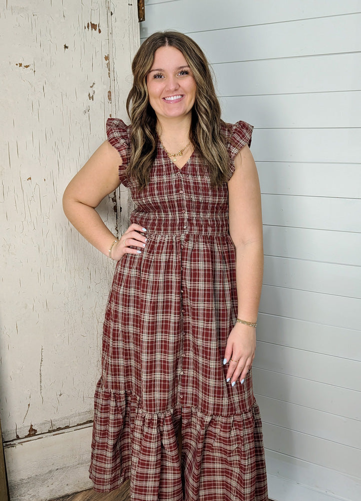 Plaid Smocked V Neck Button Down Ruffled Midi Dress in Burgundy by Blu Pepper