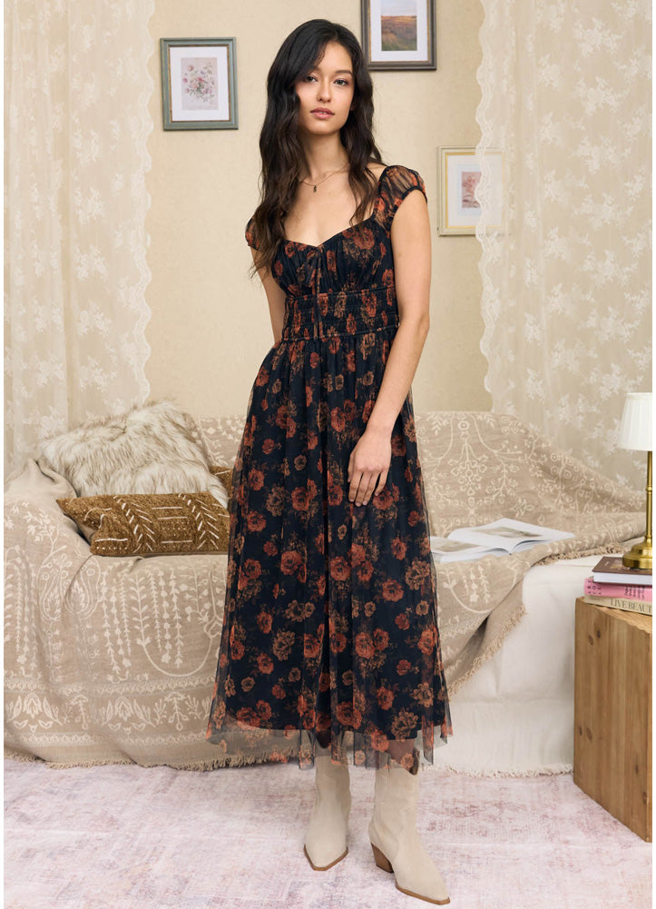Floral Organza Front Tie Midi Dress in Black Multi by Blu Pepper
