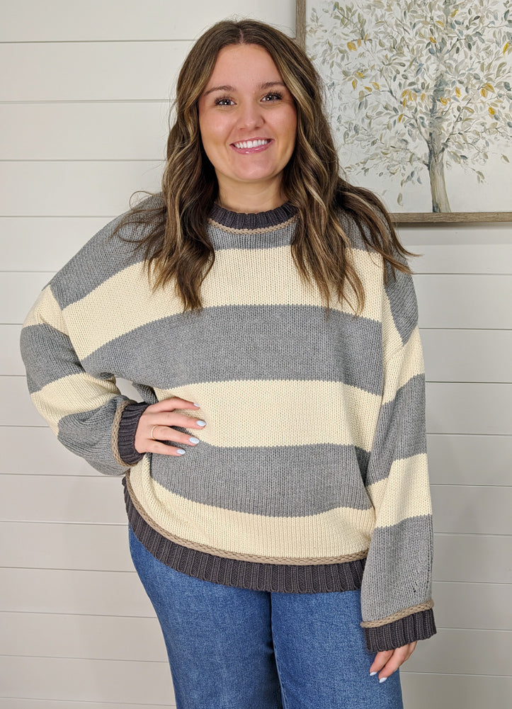 Oversized Striped LS Sweater in Grey by Blu Pepper