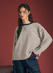 Stripe Crew Neck LS Knit Top in Brown by Blu Pepper