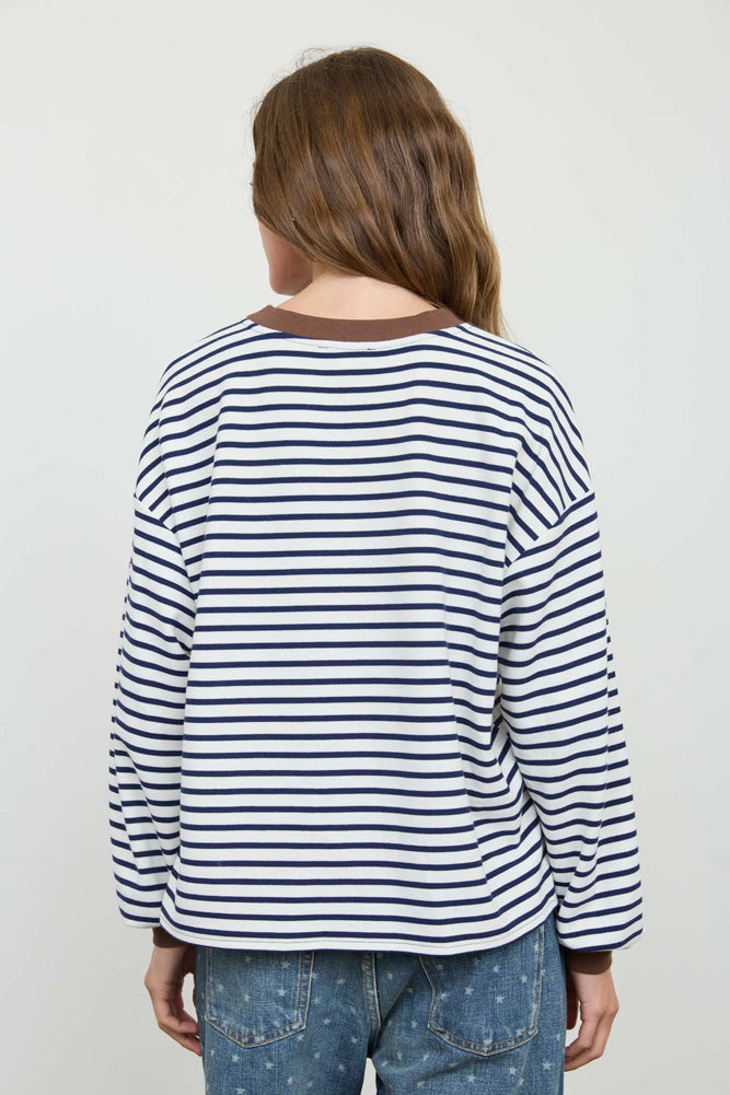 Stripe Crew Neck LS Knit Top in Navy by Blu Pepper