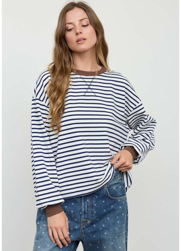 Stripe Crew Neck LS Knit Top in Navy by Blu Pepper