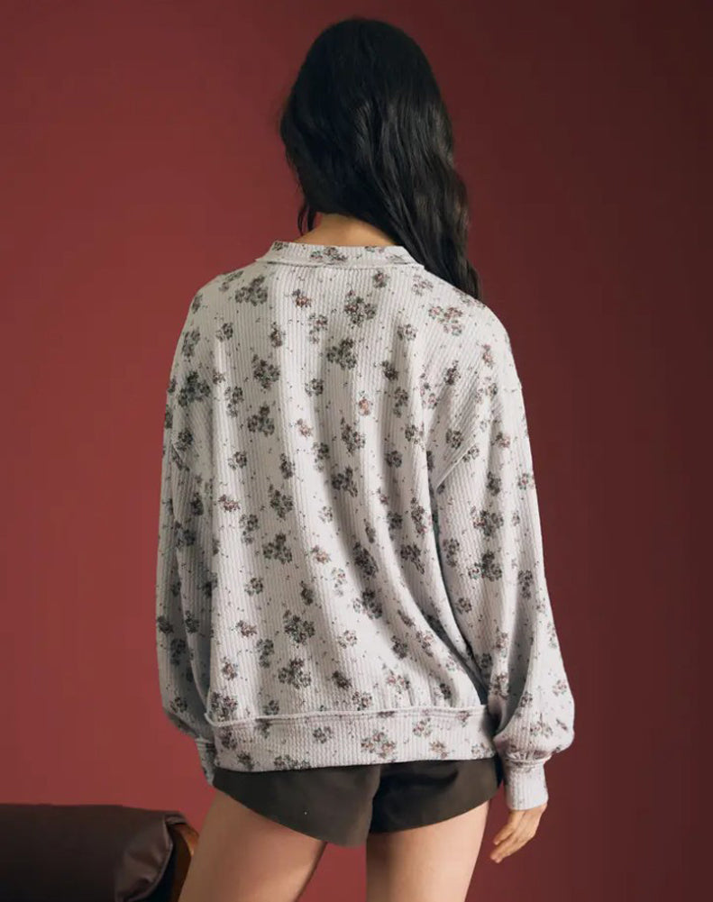 Floral Dot Print LS Knit Top in Light Grey Multi by Blu Pepper