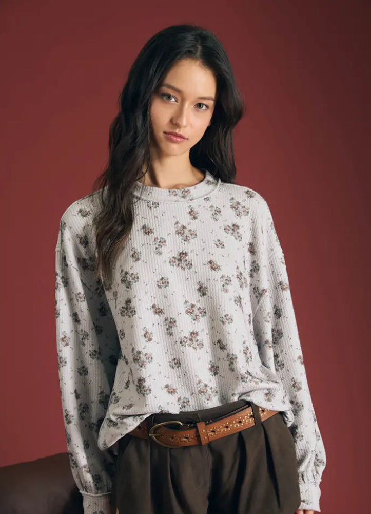 Floral Dot Print LS Knit Top in Light Grey Multi by Blu Pepper