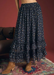 Floral Ruffled Tiered Midi Skirt in Navy Multi by Blu Pepper