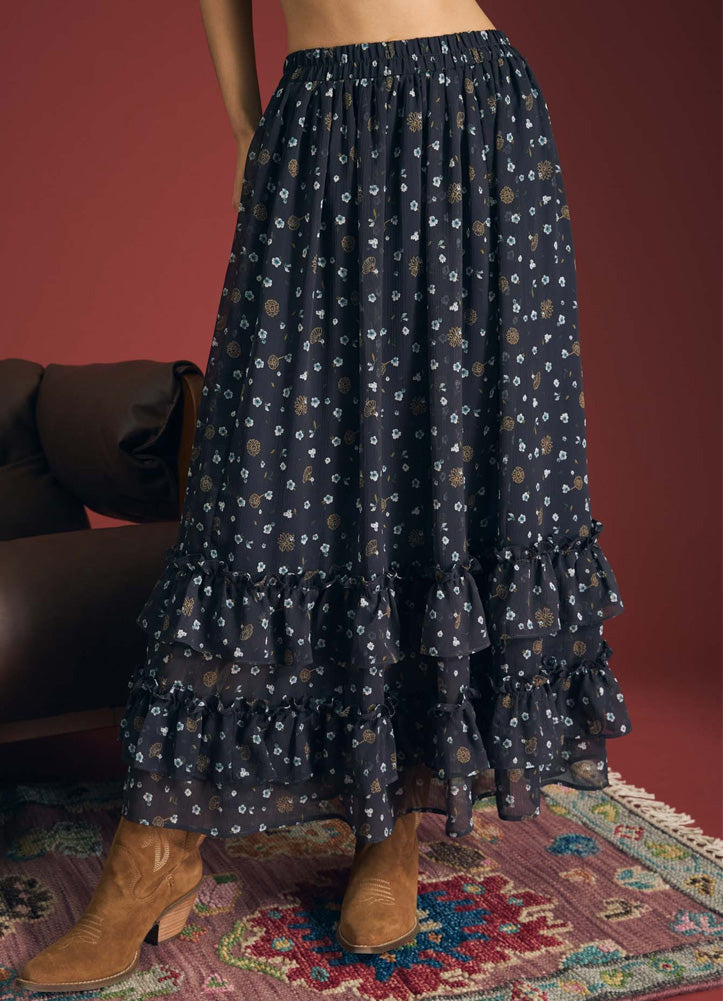 Floral Ruffled Tiered Midi Skirt in Navy Multi by Blu Pepper