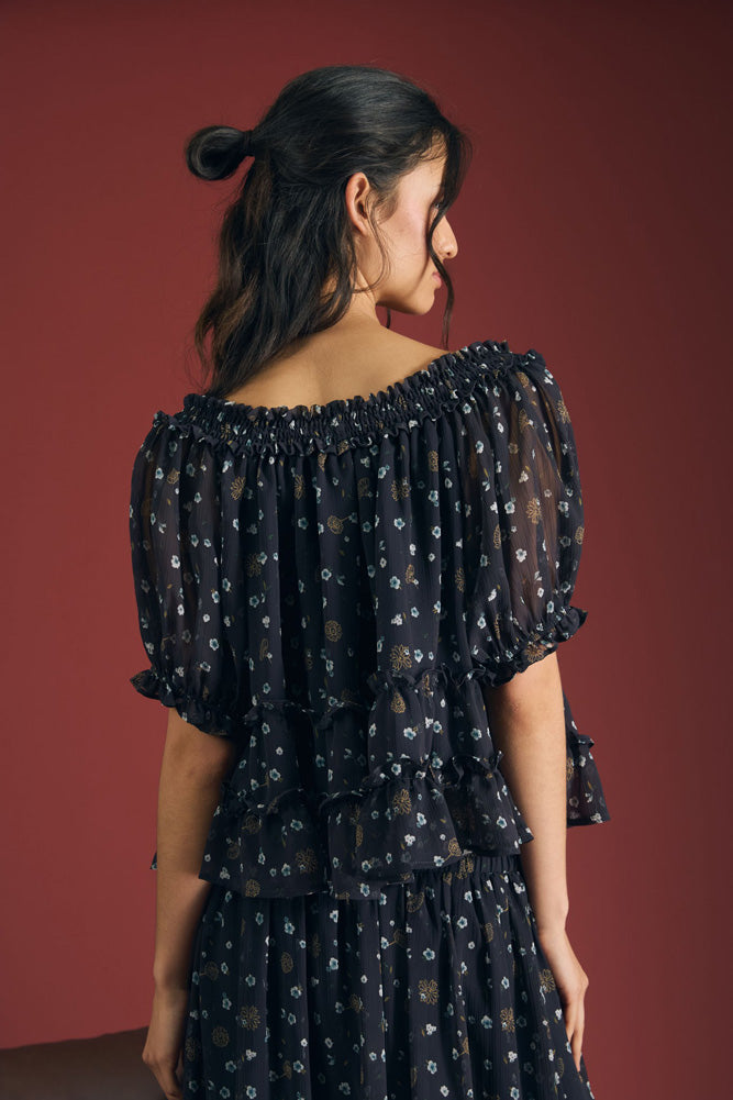 Floral Smocked Neckline Front Tie Puff Sleeve Top in Navy Multi by Blu Pepper